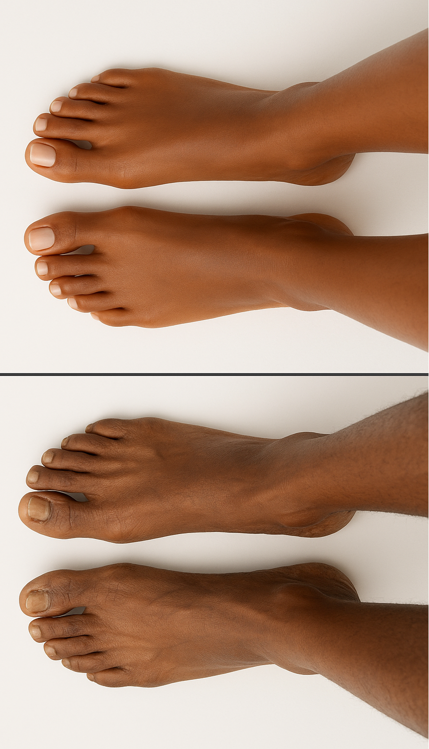 Fais moi l'image avant après des pieds d'une personne réaliste de teint noir 