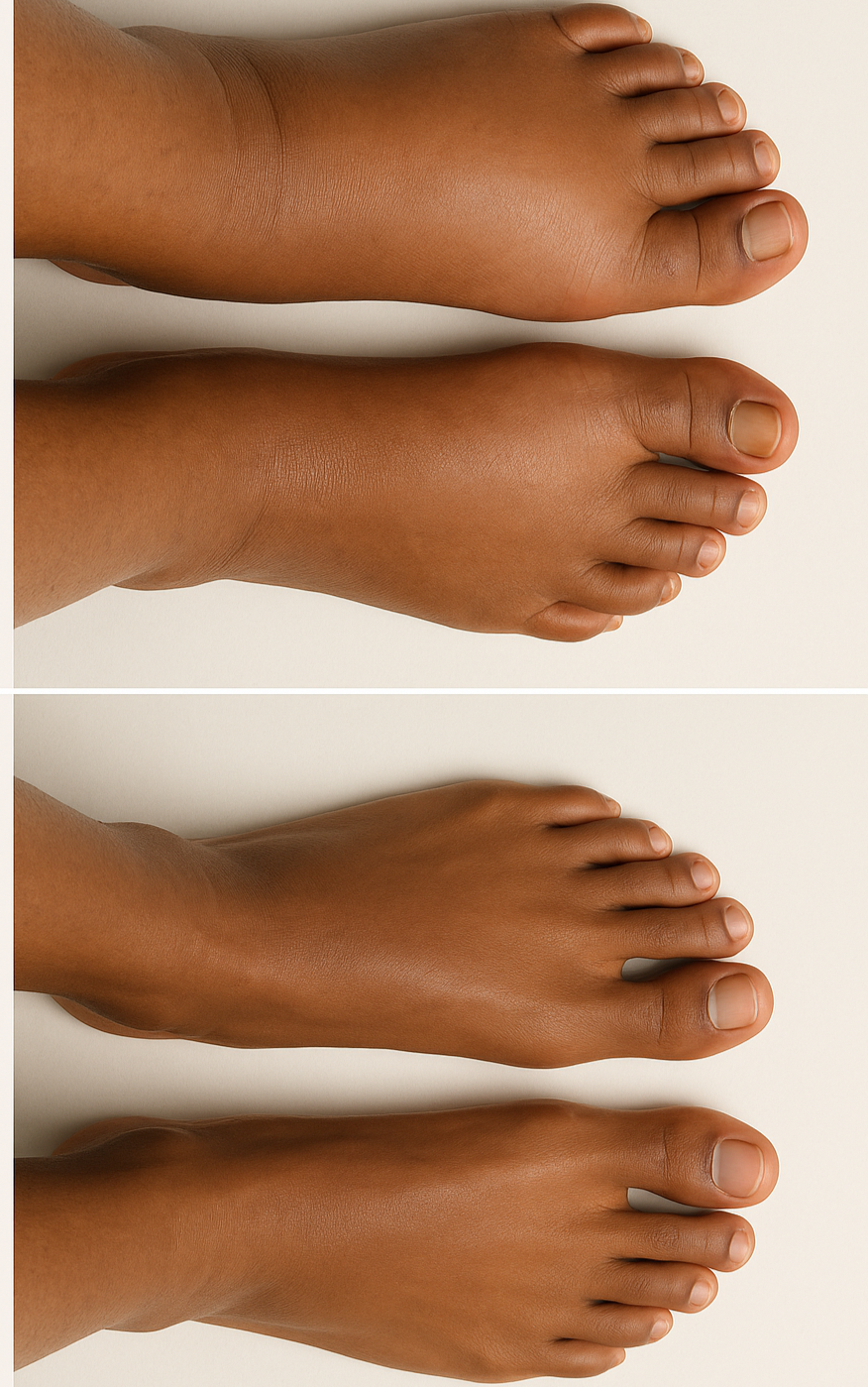 Fais moi une image avant après des pieds enflés et non enflés d'une personne noir et réaliste 